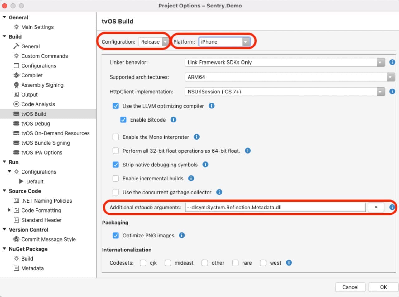 iOS project mtouch arguments